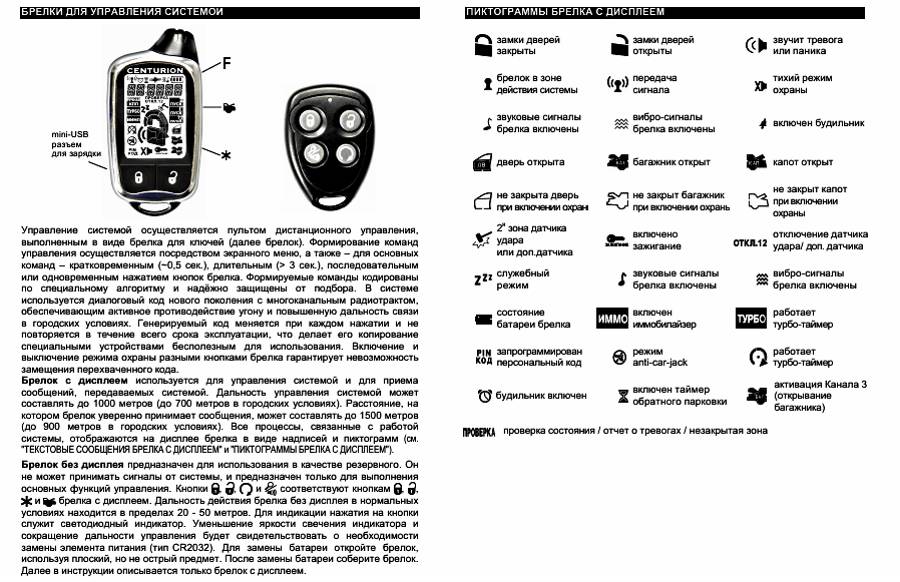 Клавиши брелка Centurion Комбинация клавиш брелока Centurion