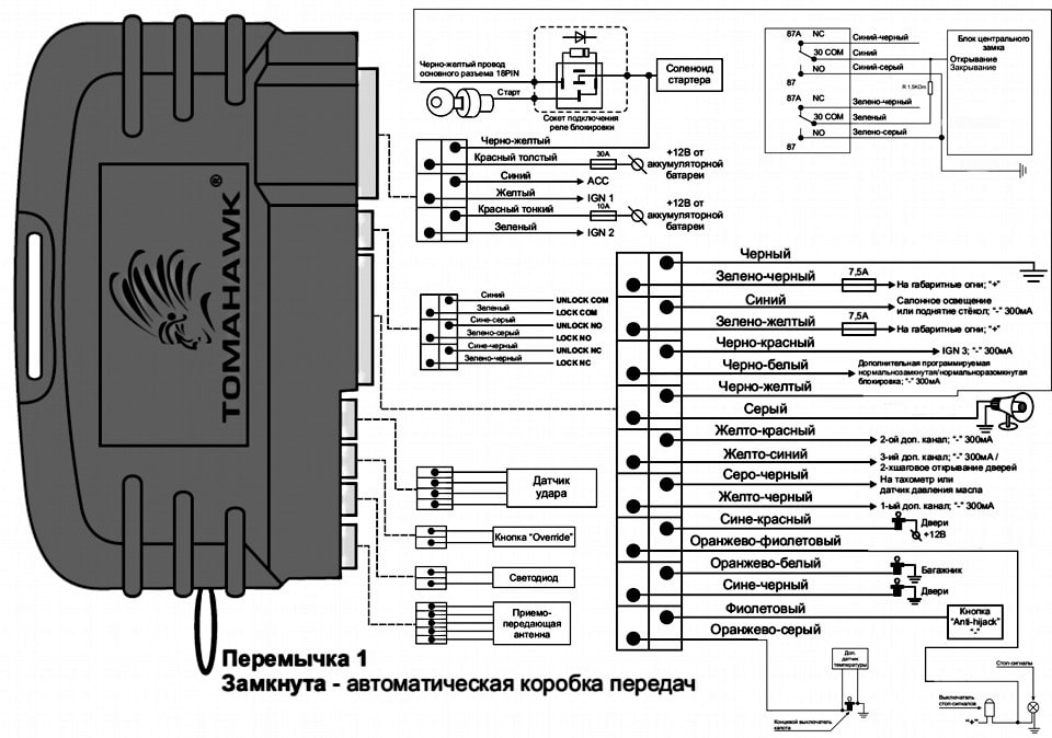 Электрическая схема автосигнализации Tomahawk Схема подключения автосигнализации Tomahawk
